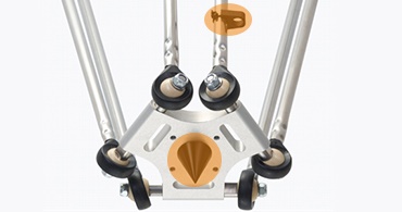 Delta robot with calibrating pin and cable clip for cable guidance
